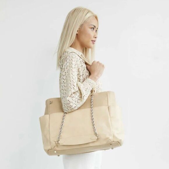 Beis The Baby Bag in Beige Buffalo Trim Vegan Leather 5 Pockets Gold Hardware - Picture 2 of 15